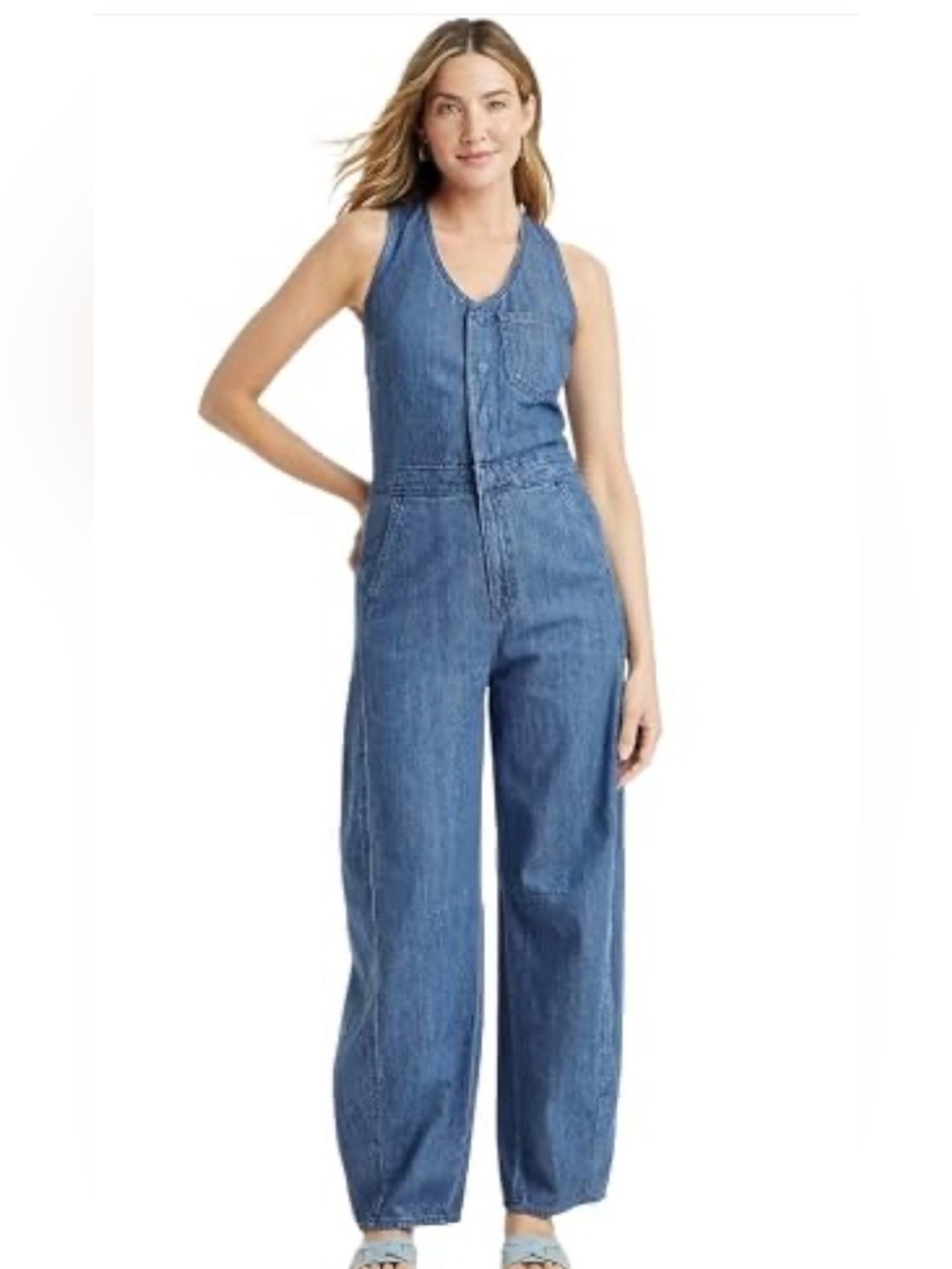 NEW, Universal Thread Women's Curved/Barrel Leg Denim Jumpsuit; Size 10